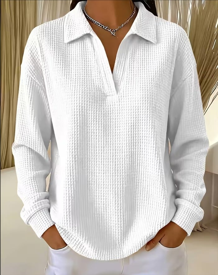 V-Neck Loose-Fit Long-Sleeve Waffle-Knit Top with Lapel Collar, Oversized Shoulders