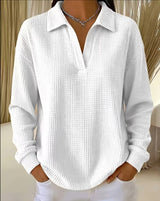 V-Neck Loose-Fit Long-Sleeve Waffle-Knit Top with Lapel Collar, Oversized Shoulders