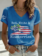 V-Neck Retro Independence Day Red, White & Blueberries Freedom Jesus Print T-Shirt