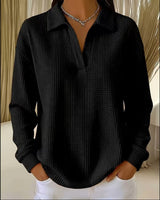 V-Neck Loose-Fit Long-Sleeve Waffle-Knit Top with Lapel Collar, Oversized Shoulders