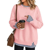 Women Crew Neck Fake Two Piece Striped Patchwork Drop Shoulder Oversized Sweatshirt