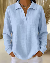 V-Neck Loose-Fit Long-Sleeve Waffle-Knit Top with Lapel Collar, Oversized Shoulders
