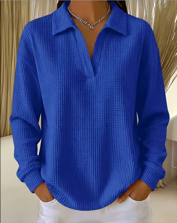 V-Neck Loose-Fit Long-Sleeve Waffle-Knit Top with Lapel Collar, Oversized Shoulders