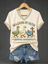 Classic Walking By Faith Tripping Constantly Goose Print Christian Inspirational Short-Sleeved Shirt