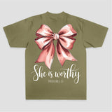 She Is Worthy Proverbs 31 Pink Bow Print Printed Women's T-shirt