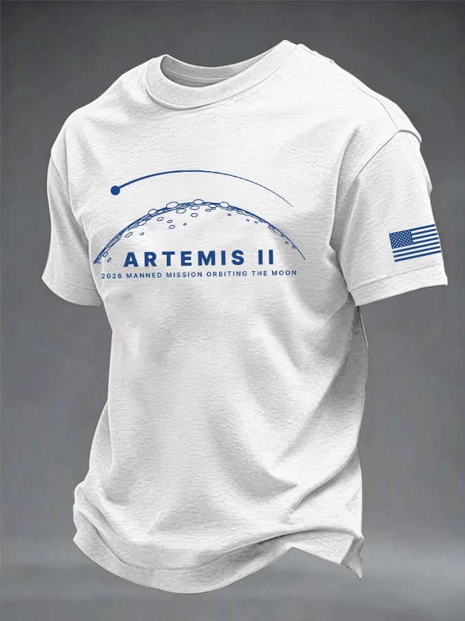 Men's 2026 Manned Mission Orbiting The Moon Print Round Neck T-shirt