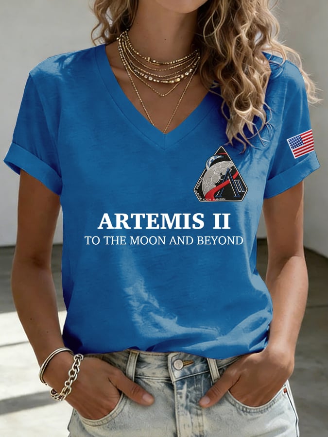 Women's Humanity Returns To The Moon Print V Neck T-shirt