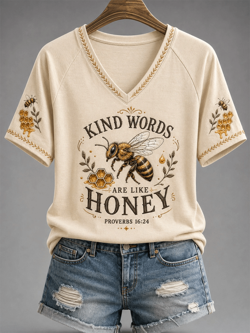 Women's Kind Words Are Like Honey Print Casual V-Neck Tee