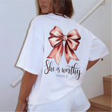 She Is Worthy Proverbs 31 Pink Bow Print Printed Women's T-shirt