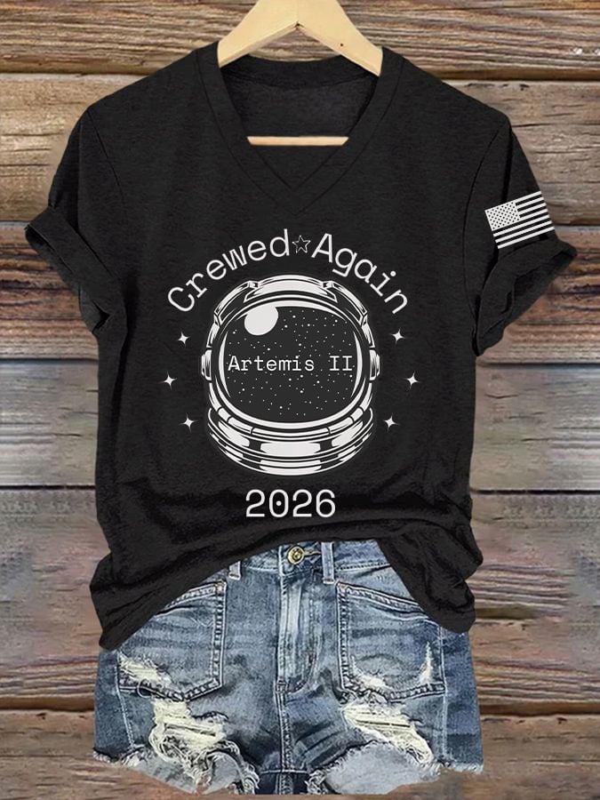 Women's Crewed Again Print V Neck T-shirt
